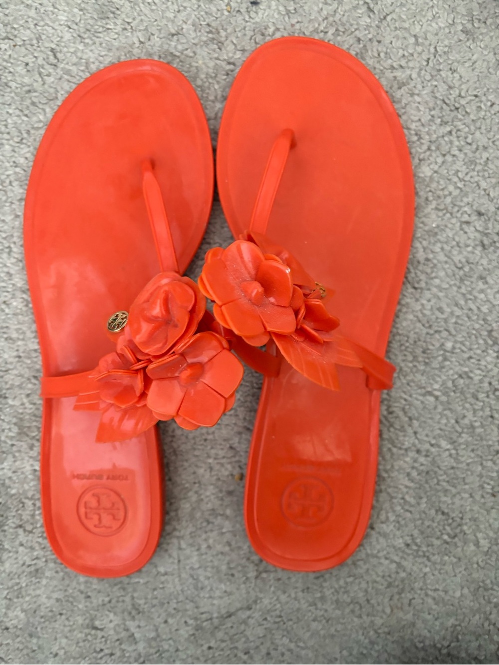 Tory Burch Bright Orange Floral Jelly Thong Sandals